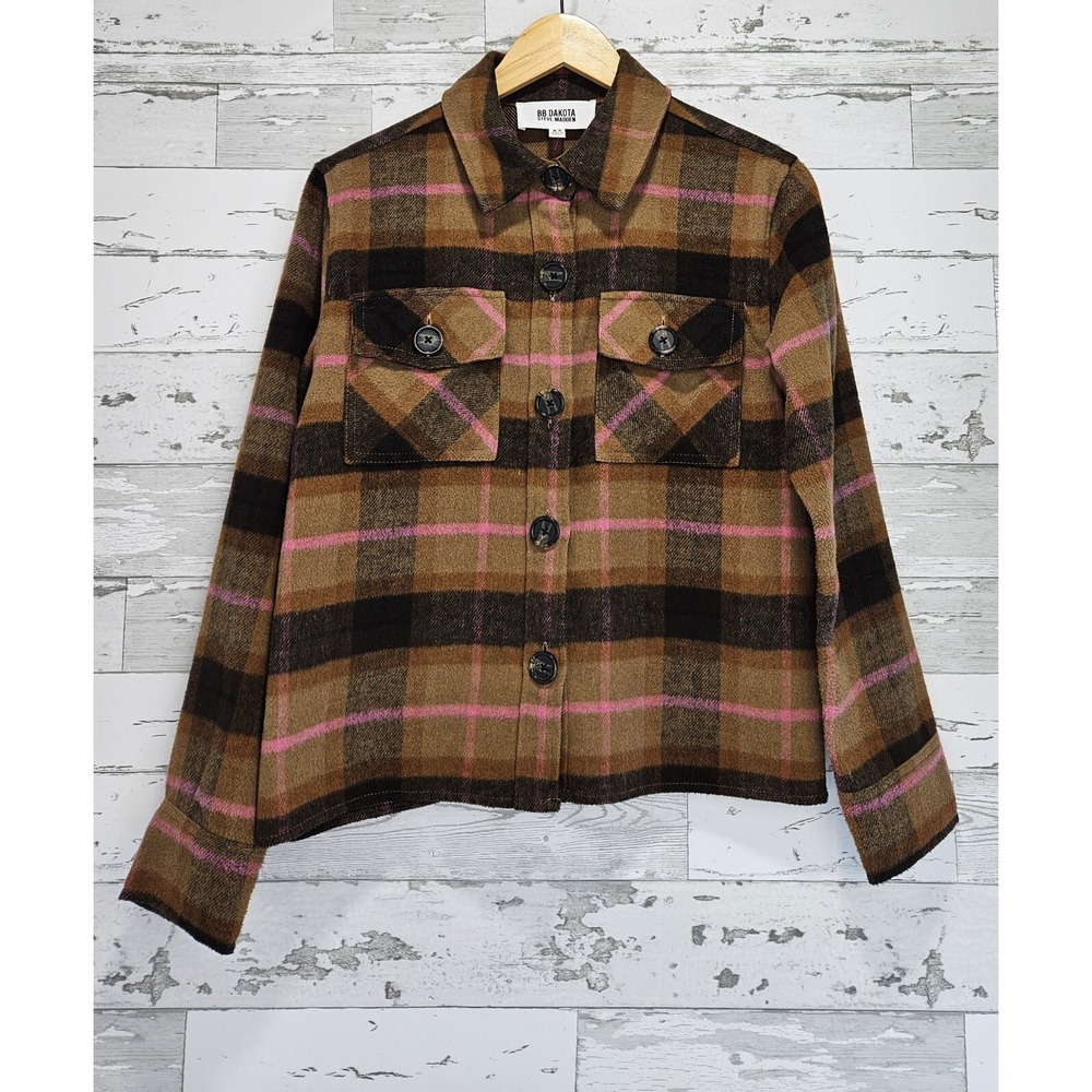BB Dakota Womens Boxy Plaid Shacket Xsmall Brown Pink Cropped